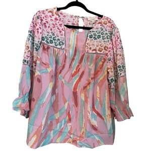 NEW UMGEE Mixed Print Lace Trim Top Bohemian Blouse Pink Size XL NWT